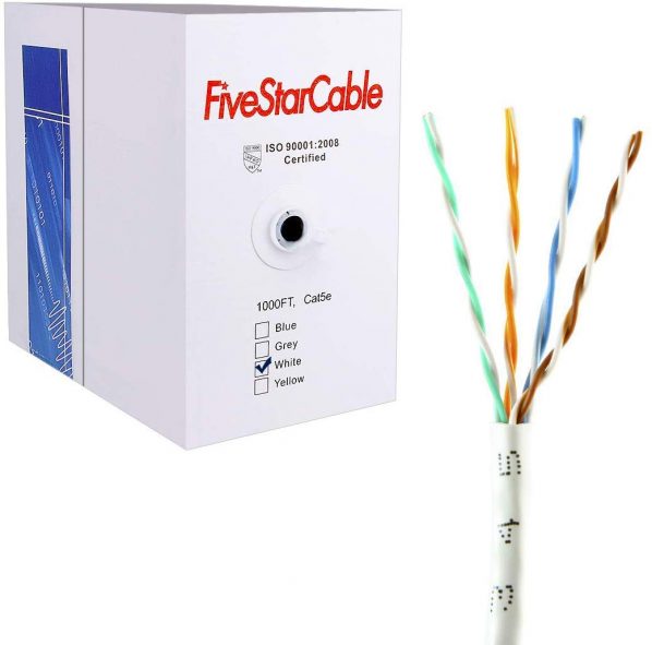 FiveStarCable Cat5e 1000 Ft 24AWG UTP 4 Twisted Pair Ethernet LAN Cable Wire Pull Box - White Color