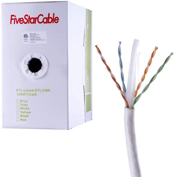 FiveStarCable Cat6 CMR 1000ft 23AWG Riser Rated Solid Bare Copper Cable 4 Twisted Pair UTP Bulk Ethernet Network LAN Cable PVC White