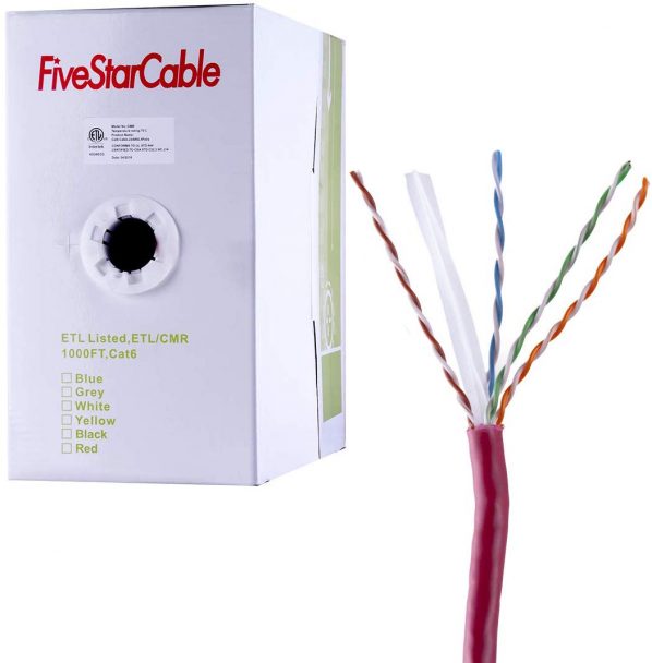 FiveStarCable 1000ft Cat6 CMR Riser Rated 23AWG 4 Twisted Pair Solid Bare Copper Conductor ETL Listed Ethernet Network LAN Cable PVC Red