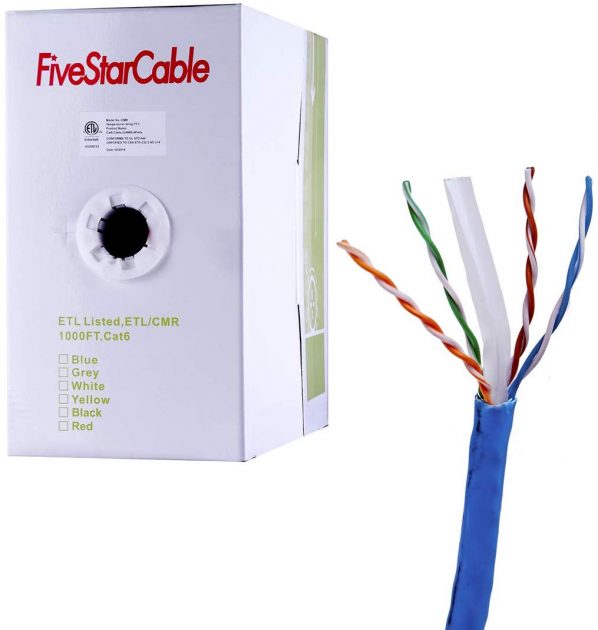 FiveStarCable 1000ft Cat6 CMR 23AWG Riser rated 4 Twisted Pair Solid Bare Copper UTP Bulk Ethernet Network LAN Cable PVC Blue Color