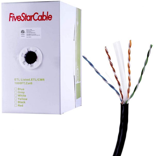 FiveStarCable 1000ft Cat6 CMR 23AWG Solid Bare Copper ETL Listed 4 Twisted Pair Network Ethernet LAN Cable PVC Black