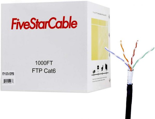 FiveStarCable 1000Ft Cat6 FTP Outdoor Shielded 23AWG Solid Bare Copper Waterproof Direct Burial Rated 350MHz ETL Listed Bulk Ethernet LAN Cable Black (1000Ft, Cat6 FTP)