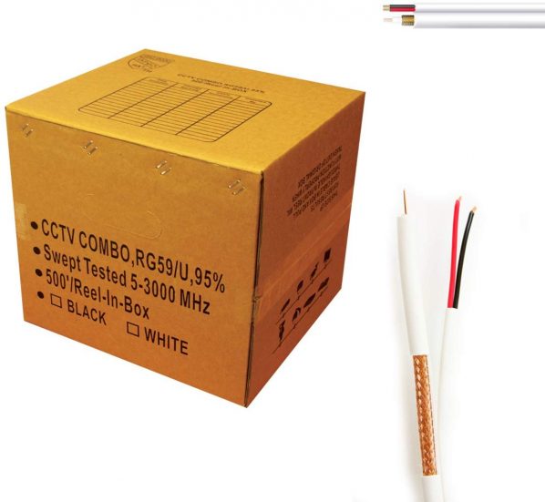 FiveStarCable RG59 500ft Bare Copper Siamese Coaxial Combo Cable Solid 20 AWG RG59 + 18/2 18AWG Power ETL Listed CCTV Cable, White