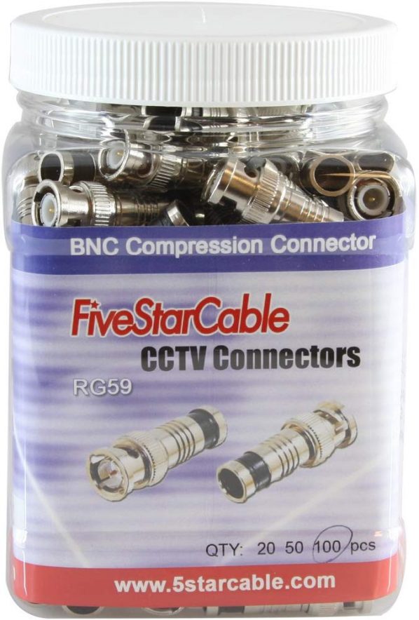 FiveStarCable Professional Grade BNC Male RG59 Compression Coax Connectors. Pack of 100 pcs in Grip Jars