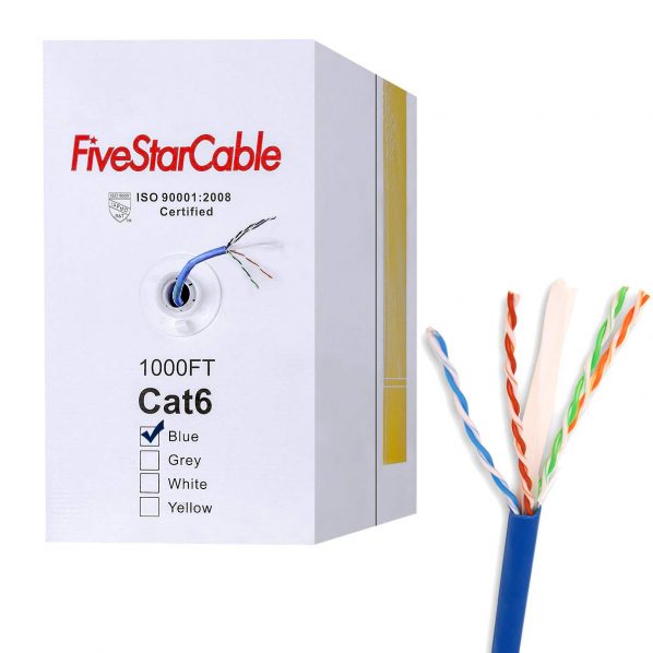 FiveStarCable Cat6 1000ft Twisted Pair 23AWG Solid UTP Network Ethernet Cable, 550Mhz, PVC RJ45 Wire Bulk Pull Box, Blue
