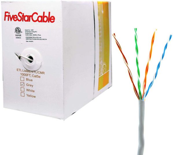 FiveStarCable Cat5e 1000 Ft CMR Rated 24AWG Solid Bare Copper Conductor UTP ETL Listed PVC Network Ethernet Cable - Grey color