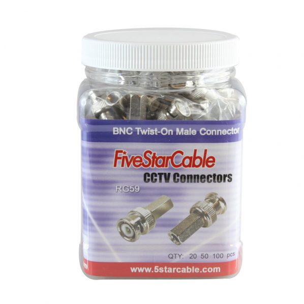 FiveStarCable Professional Grade BNC Twist-On Male Connector. Pack of 100 pcs in Grip Jars