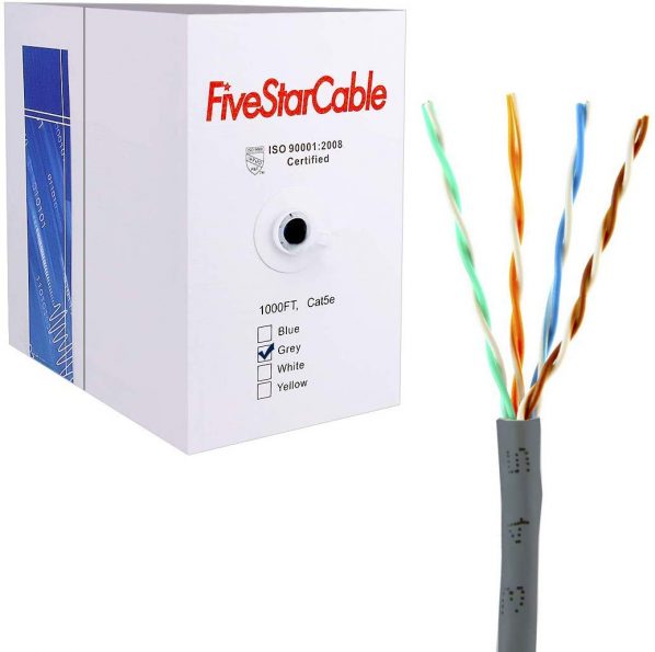 FiveStarCable 1000 Ft. Cat5E UTP 24AWG CCA Twisted Pair Networking Bulk Cable Pull Box- Grey Color