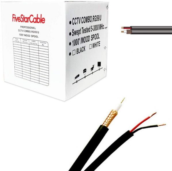 FiveStarCable RG59 500 ft Siamese Combo CCTV Coaxial Video Power Cable Black - 20AWG RG59 + 18/2 18AWG Power Cable (500 Ft, Black)