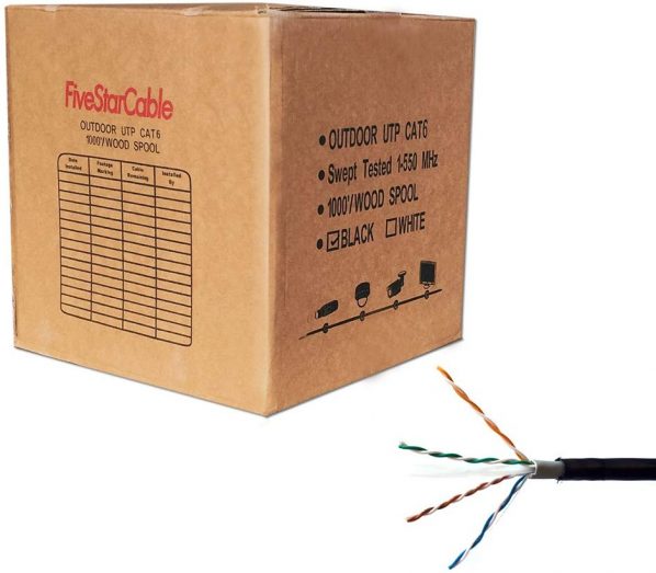 FiveStarCable Cat6 Outdoor 1000 ft 23AWG Double Jackets Direct Burial Underground Weather Waterproof UTP Ethernet Bulk Cable - Black