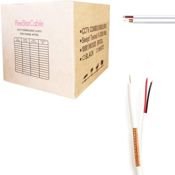 FiveStarCable RG59 1000 ft. Bare Copper Siamese Coaxial CCTV Combo Cable, 20 AWG Solid Copper RG59 Video + 18/2 18AWG Power CCTV Cable ETL Litsted - White color