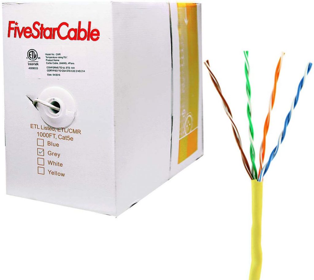 FiveStarCable Cat5e 1000 Ft CMR Rated 24AWG Solid Bare Copper Conductor