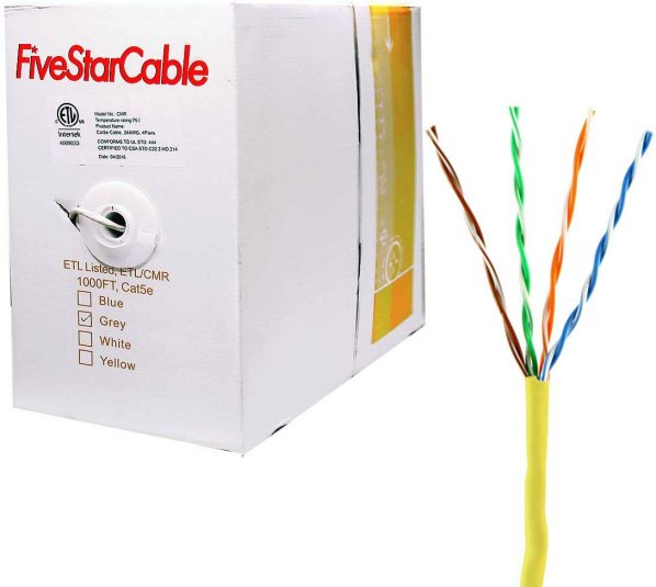 FiveStarCable Cat5e 1000 Ft CMR Rated 24AWG Solid Bare Copper Conductor UTP ETL Listed PVC Network Ethernet Cable - Yellow Color