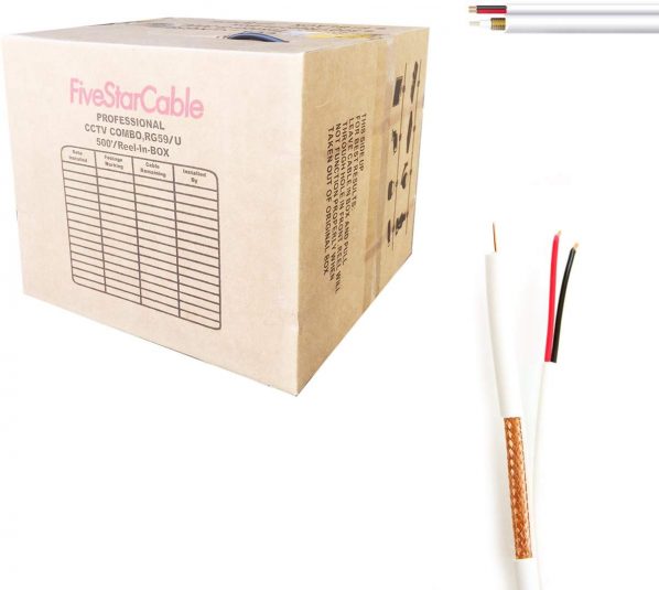 FiveStarCable 500 ft. RG59 Siamese CCTV Combo Coaxial Cable - 20AWG RG59 Video + 18/2 18AWG Power for Surviellance Security System (500 Ft, White)