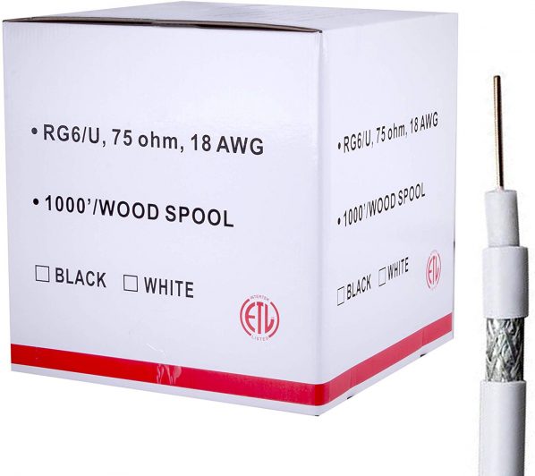 FiveStarCable RG6 Shielded 1000 ft Coaxial Cable ETL Listed for use with Audio/Video, Radio Frequency, and CATV/MATV Transmission. Black (1000 Ft, White)