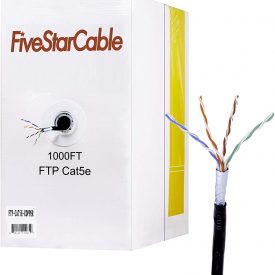 FiveStarCable 1000Ft Cat5e FTP Outdoor Shielded 24AWG Solid Bare Copper Waterproof Direct Burial Rated 350MHz ETL Listed Bulk Ethernet LAN Cable Black (1000Ft, Cat5e(FTP))