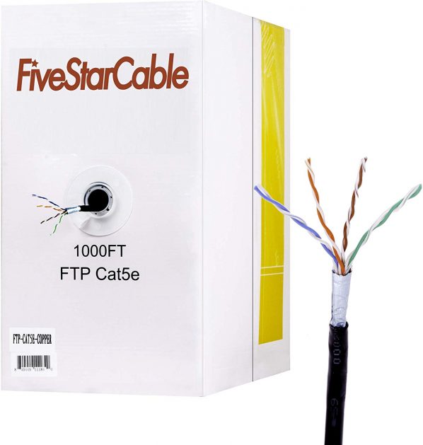 FiveStarCable 1000Ft Cat5e FTP Outdoor Shielded 24AWG Solid Bare Copper Waterproof Direct Burial Rated 350MHz ETL Listed Bulk Ethernet LAN Cable Black (1000Ft, Cat5e(FTP))