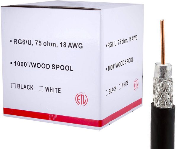 FiveStarCable RG6 Shielded 1000 ft Coaxial Cable ETL Listed for use with Audio/Video, Radio Frequency, and CATV/MATV Transmission. Black (1000 Ft, Black)