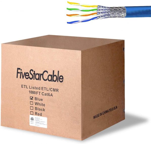 FiveStarCable Cat6A 1000 Ft Sftp CMR Riser in-Wall Rated 23AWG Bare Copper Solid Central Conductor Bulk Ethernet Wire (1000 Ft, Bule)