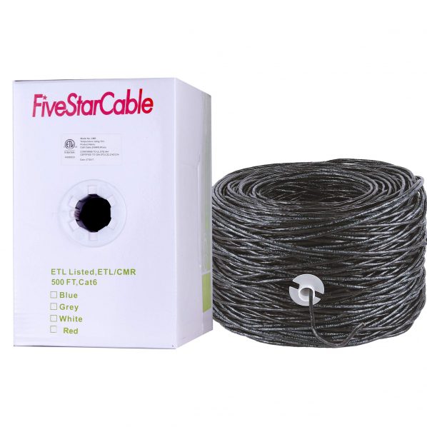 FiveStarCable Cat6 500ft Cable CMR Riser Rated 23AWG Bare Copper 4 Twisted Pairs UTP Ethernet Network cable PVC Black